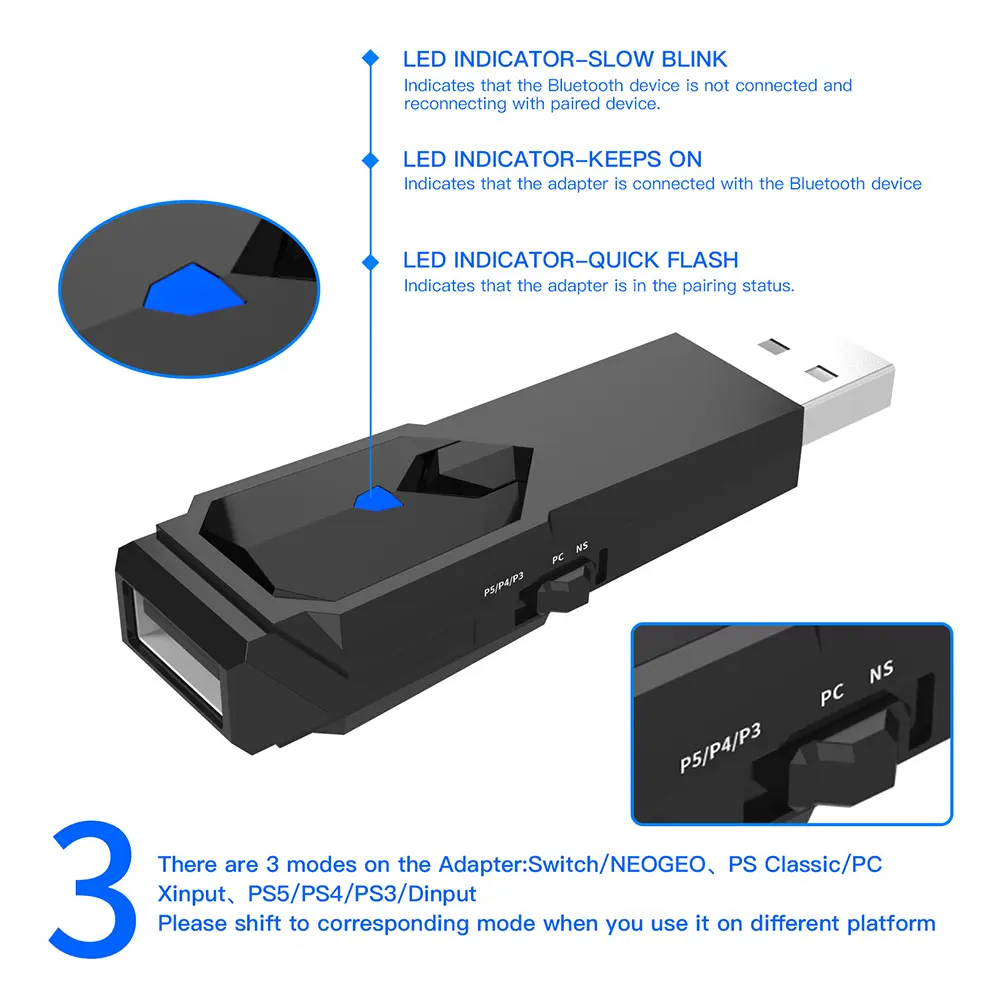 USB Wireless Converter Bluetooth-Compatible/Wired Controller Adapter Wireless Controller Converter for PS4 PS3 Switch PC