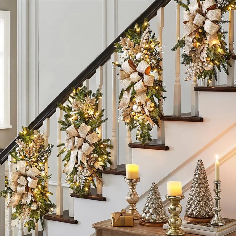 Christmas Wreath Hanging Pendants Window Door Stairs Wreath Stairway Swag Trim Garland Artificial Flowers Christmas Decorations