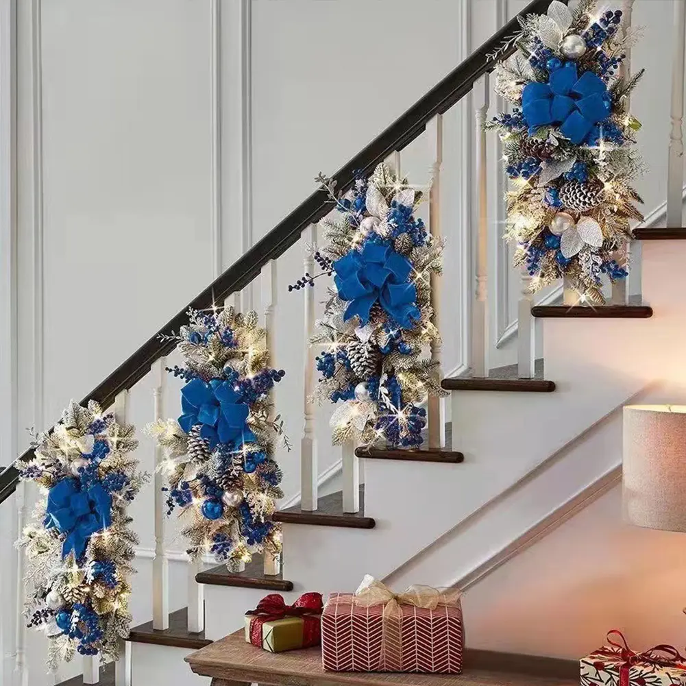Christmas Wreath Hanging Pendants Window Door Stairs Wreath Stairway Swag Trim Garland Artificial Flowers Christmas Decorations