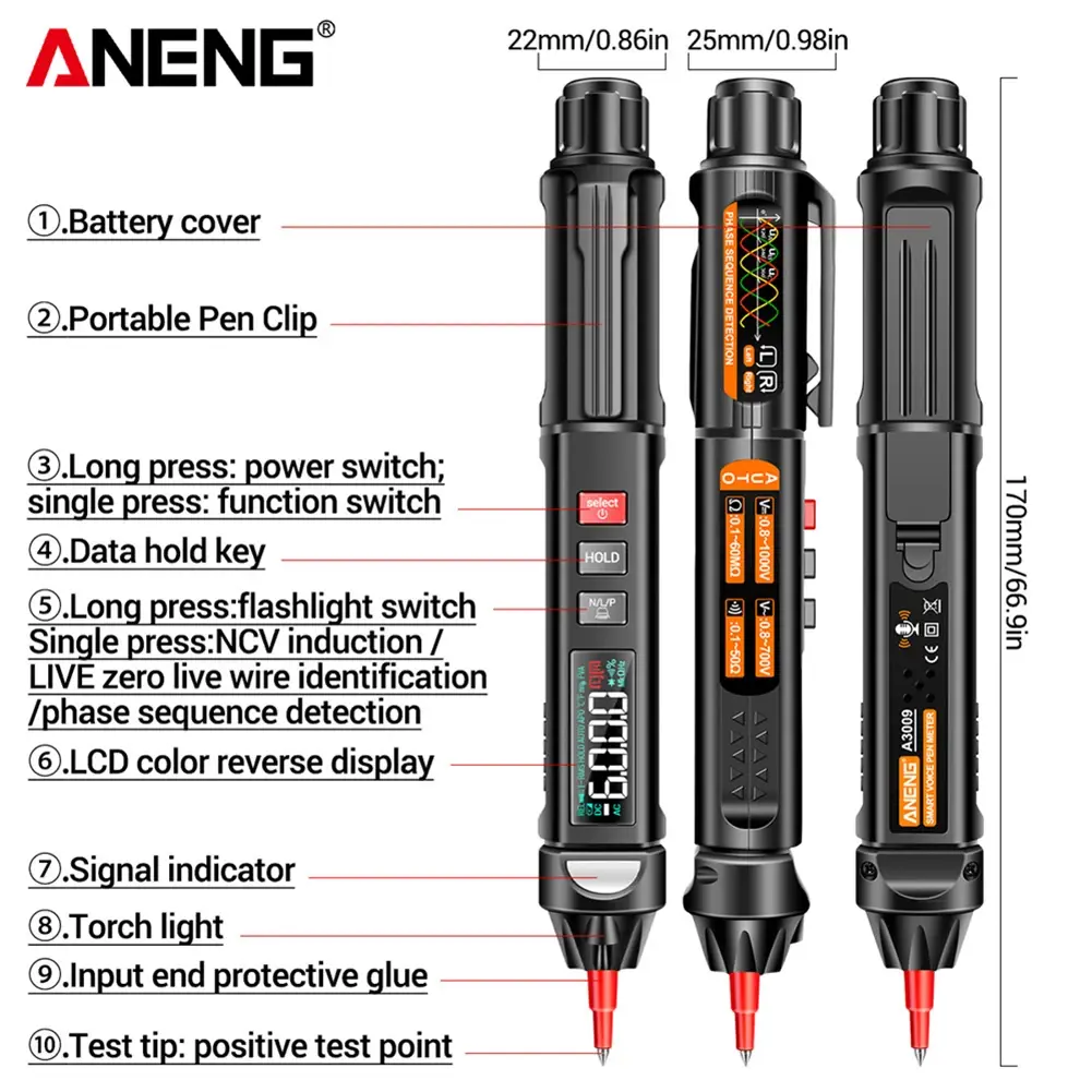 ANENG A3009 PRO Multimeter Voltmeter 6000 Counts Pen Type Digital Multimeter Voltage Tester Voice Broadcast Testing Tool