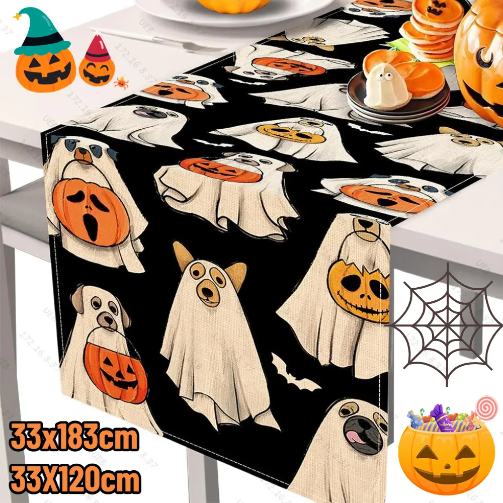 Halloween Spooky Ghost Dog Table Runner Jack O Lantern Pumpkin Bat Table Runners Kitchen Dining Table Decorations Desk Decors