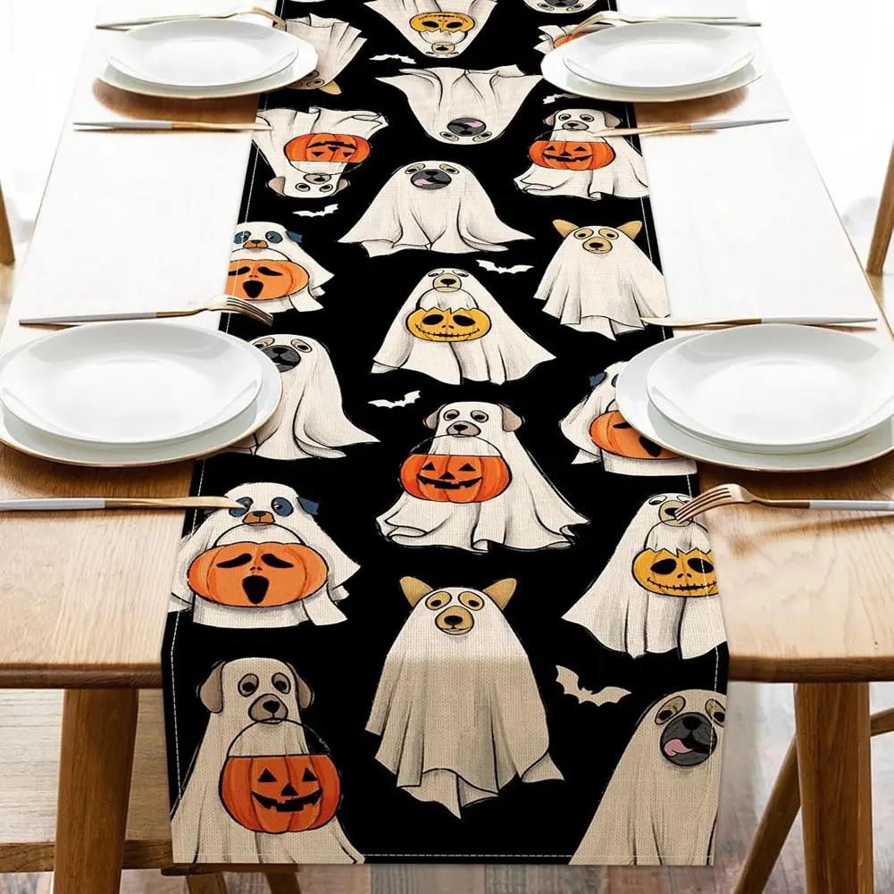 Halloween Spooky Ghost Dog Table Runner Jack O Lantern Pumpkin Bat Table Runners Kitchen Dining Table Decorations Desk Decors