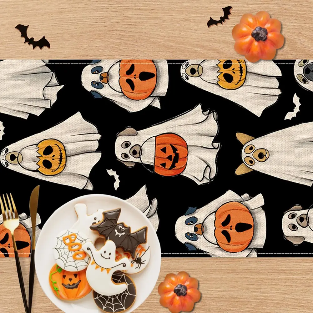 Halloween Spooky Ghost Dog Table Runner Jack O Lantern Pumpkin Bat Table Runners Kitchen Dining Table Decorations Desk Decors