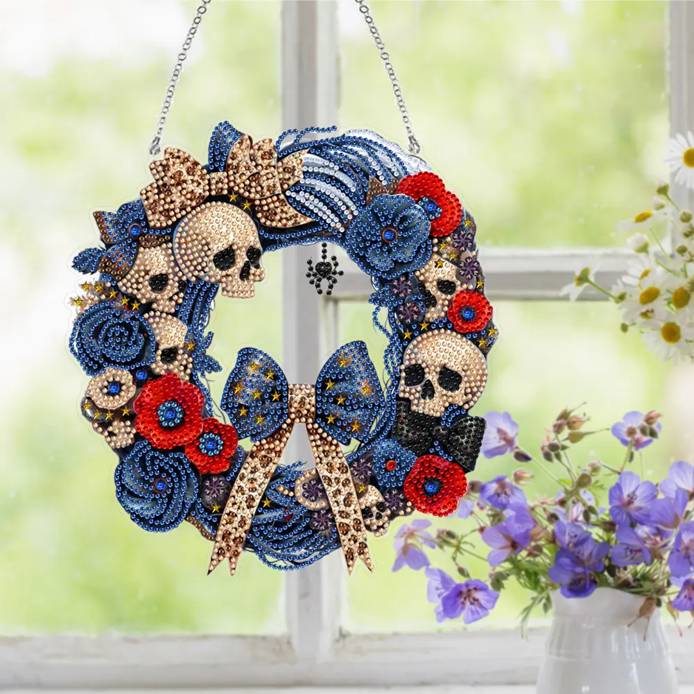 Acrylic Special Shape Halloween Skull Diamond Painting Wreath Kit Hanging Garland Pendant Diamond Mosaic Embroidery Wall Decor
