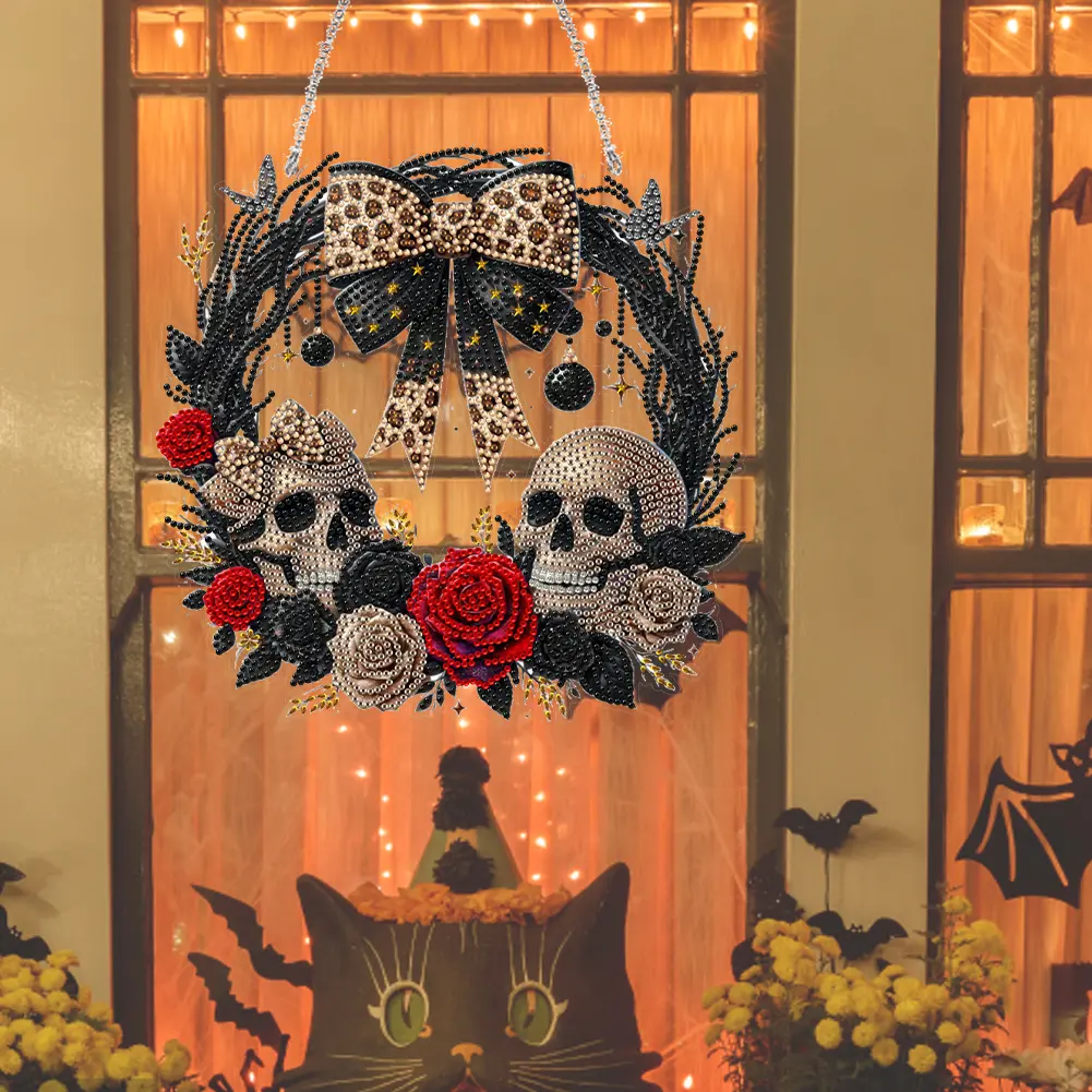 Acrylic Special Shape Halloween Skull Diamond Painting Wreath Kit Hanging Garland Pendant Diamond Mosaic Embroidery Wall Decor