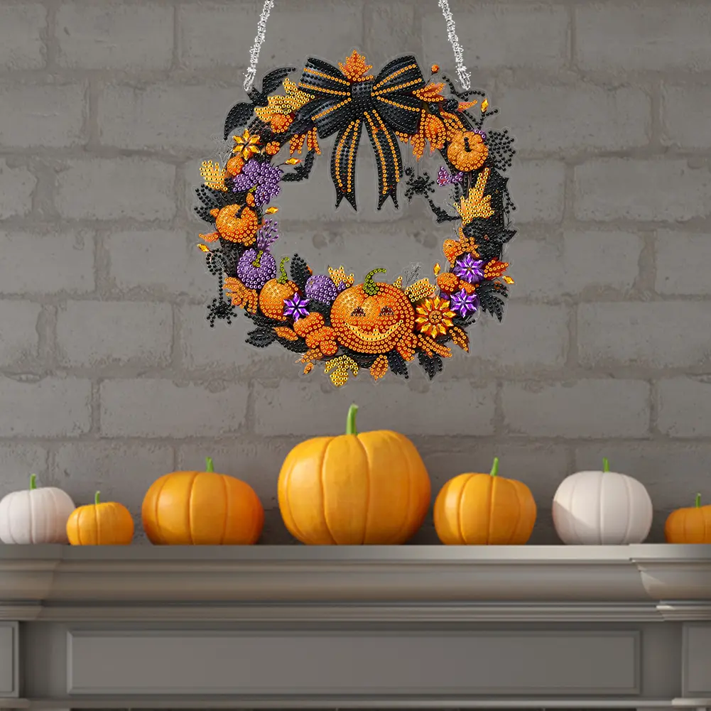 Acrylic Special Shape Halloween Skull Diamond Painting Wreath Kit Hanging Garland Pendant Diamond Mosaic Embroidery Wall Decor