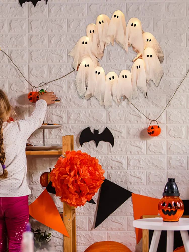 Halloween Ghost Wreath Cute Ghost Halloween Wreath Spooky Hanging Sign for Front Door Porch Wall Holiday Home Decor
