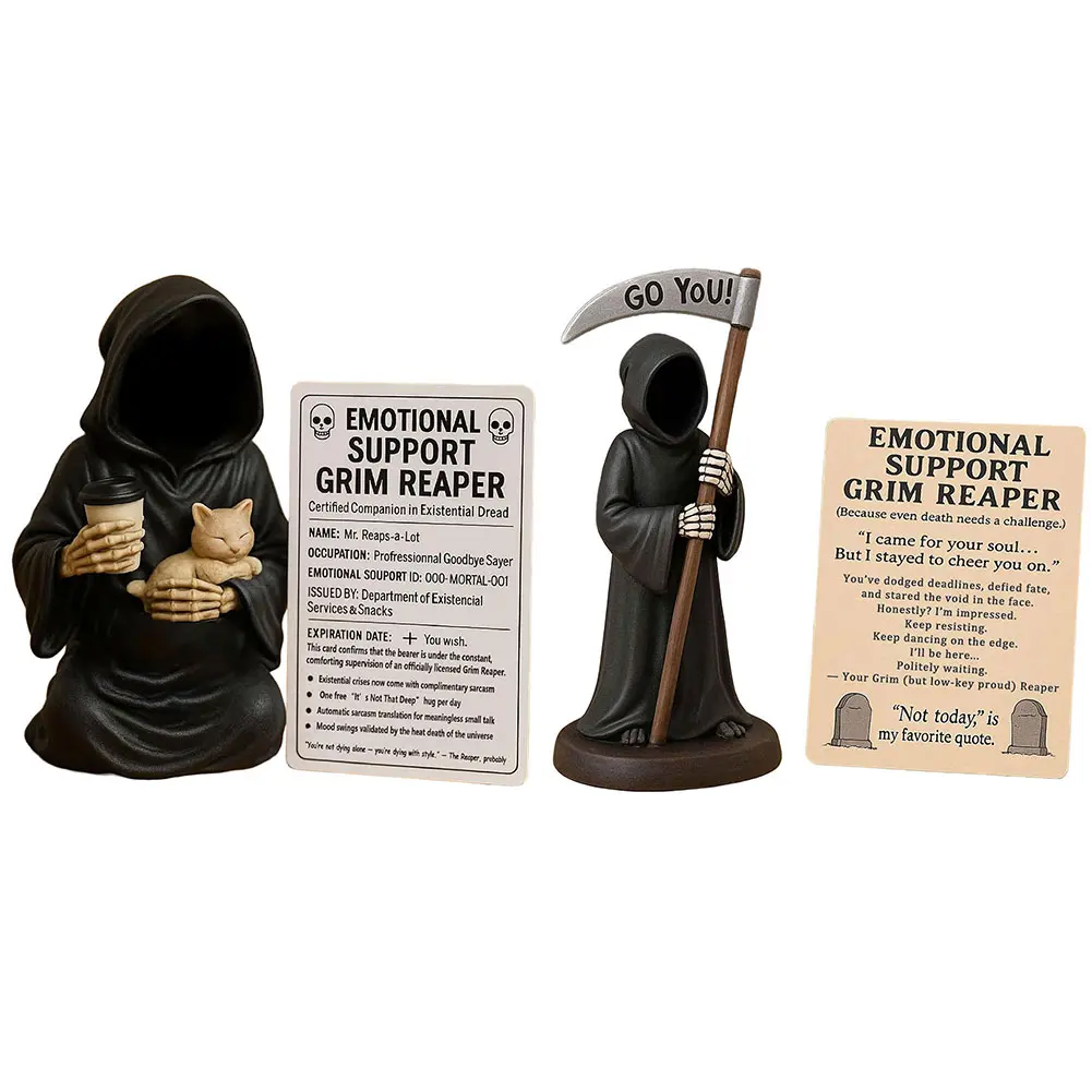 Emotional Support Grim Reaper Statue Resin Gothic Skeleton Statue with Support Card Desktop Ornament Halloween Decorations