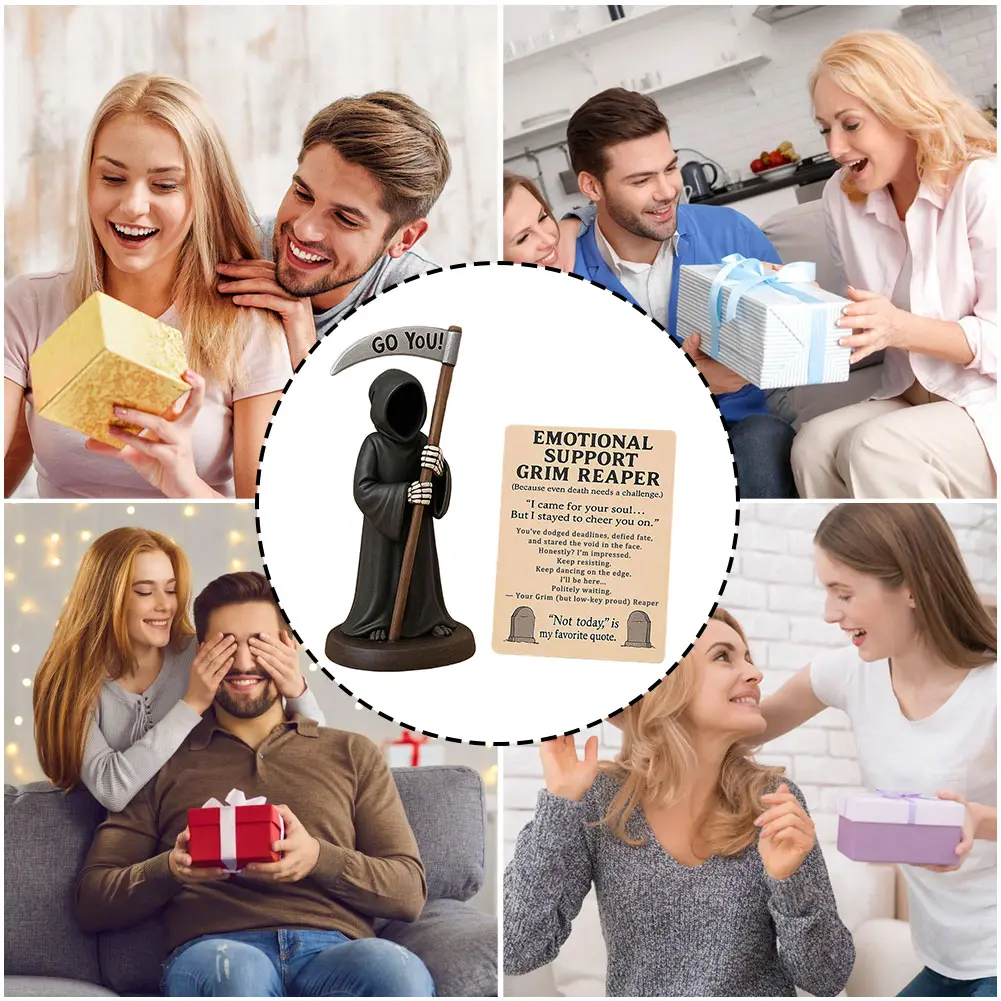 Emotional Support Grim Reaper Statue Resin Gothic Skeleton Statue with Support Card Desktop Ornament Halloween Decorations
