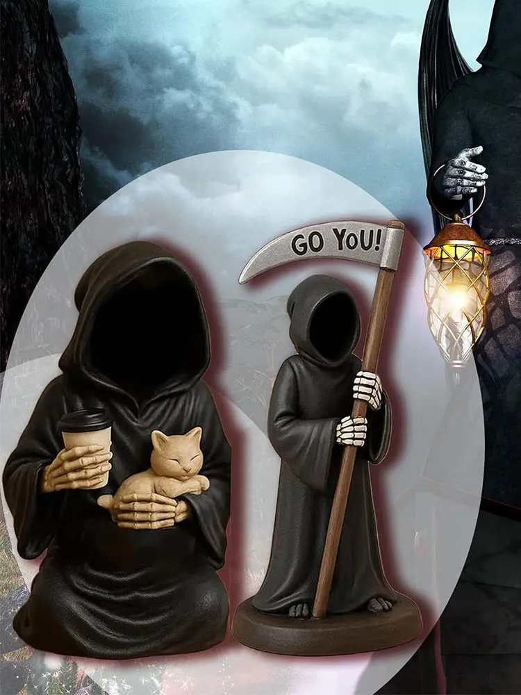 Emotional Support Grim Reaper Statue Resin Gothic Skeleton Statue with Support Card Desktop Ornament Halloween Decorations