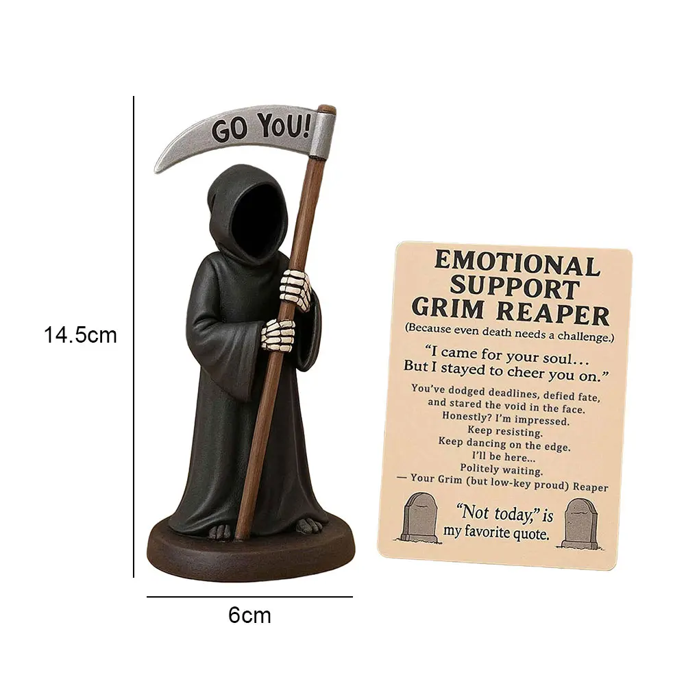 Emotional Support Grim Reaper Statue Resin Gothic Skeleton Statue with Support Card Desktop Ornament Halloween Decorations