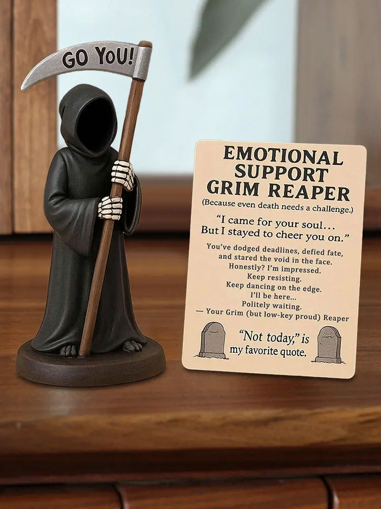 Emotional Support Grim Reaper Statue Resin Gothic Skeleton Statue with Support Card Desktop Ornament Halloween Decorations