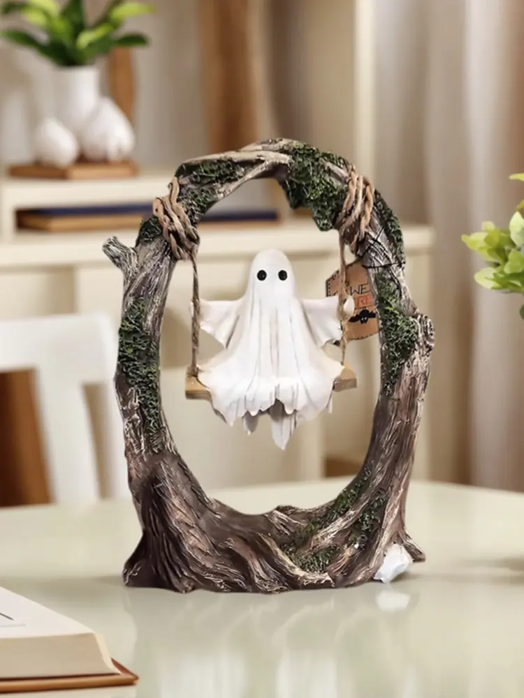 Swinging Ghost Ornament Resin Ghost on Tree Swing Statue Multi-Purpose Lovely Ghost Decorations for Desktop Bookshelf Decor