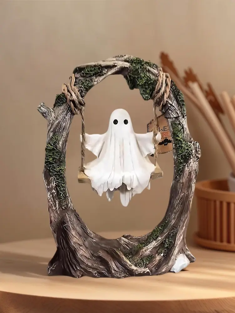 Swinging Ghost Ornament Resin Ghost on Tree Swing Statue Multi-Purpose Lovely Ghost Decorations for Desktop Bookshelf Decor