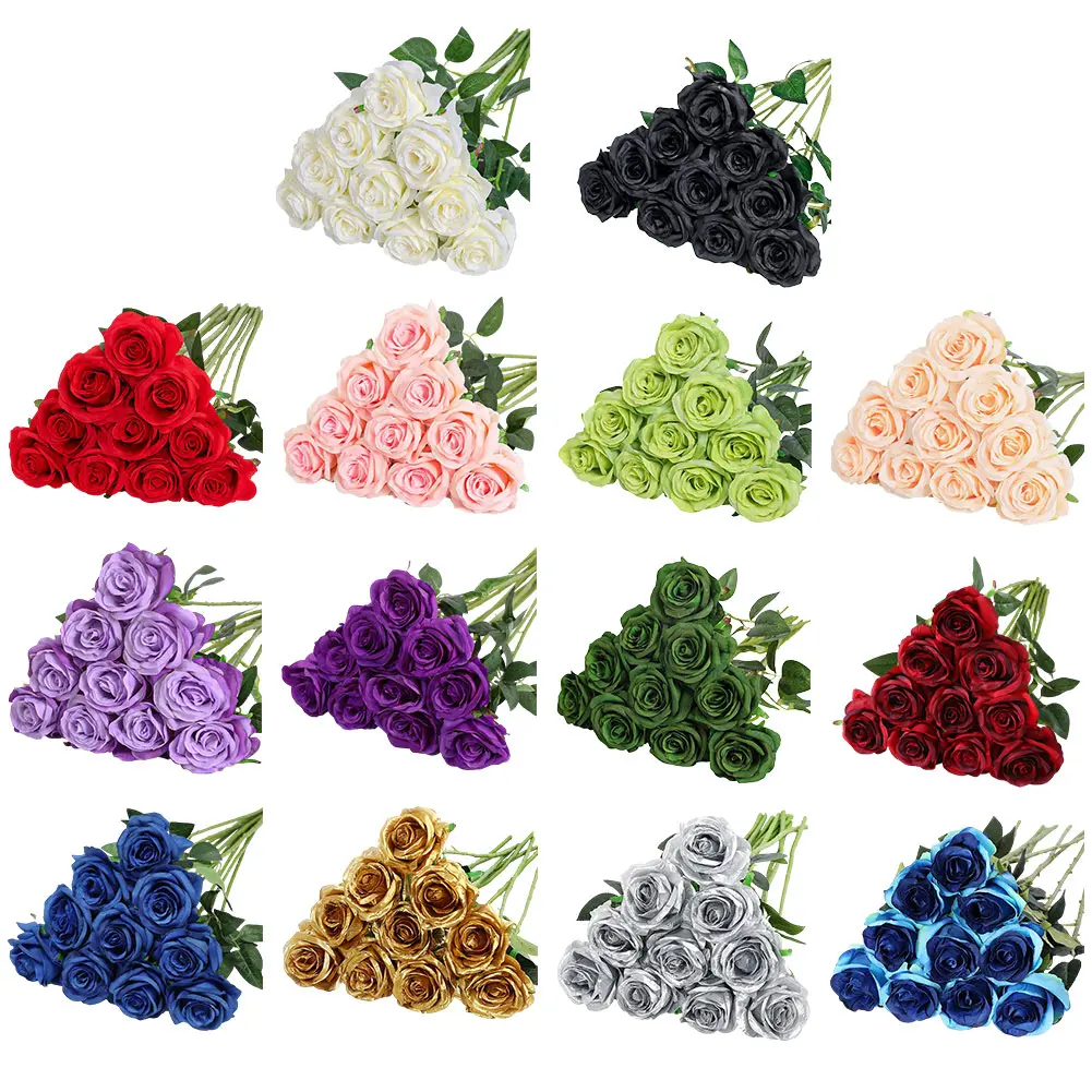 10pcs Artificial Flowers with Faux Stems Artificial Silk Roses Floral Wedding Bouquet for Wedding Centerpiece Home Party Decor