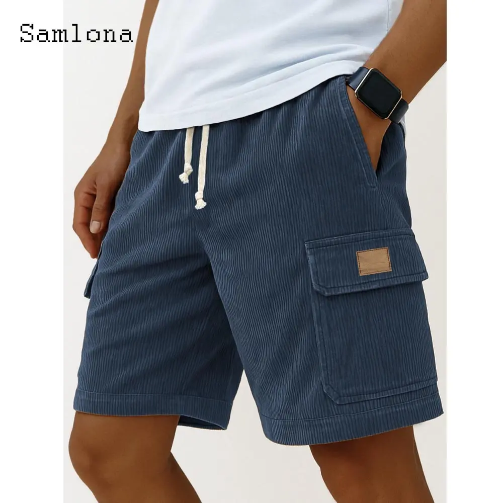 2025 Men's Stand Pocket Casual Cargo Shorts Solid Corduroy Shorts New Drawstring Half Pants Sexy Mens Clothing Plus Size S-5XL