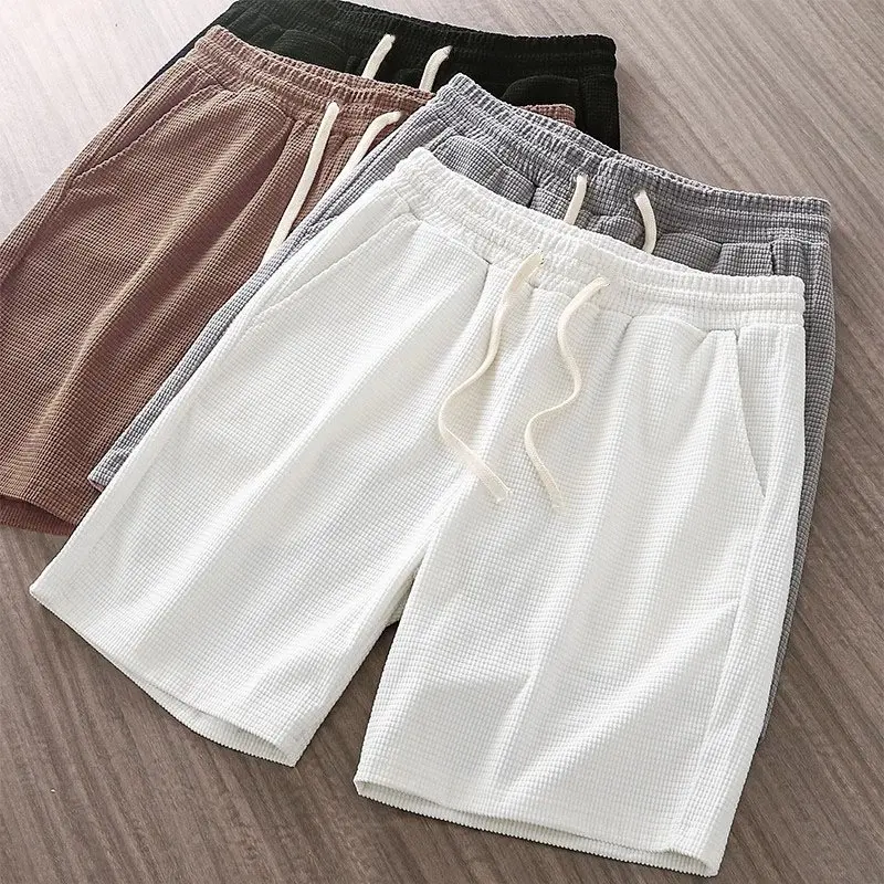 Men Shorts Solid Color Mid Waist Summer Motion Waffle Texture Deep Crotch Drawstring Male Shorts Loose Knee Length Casual Short