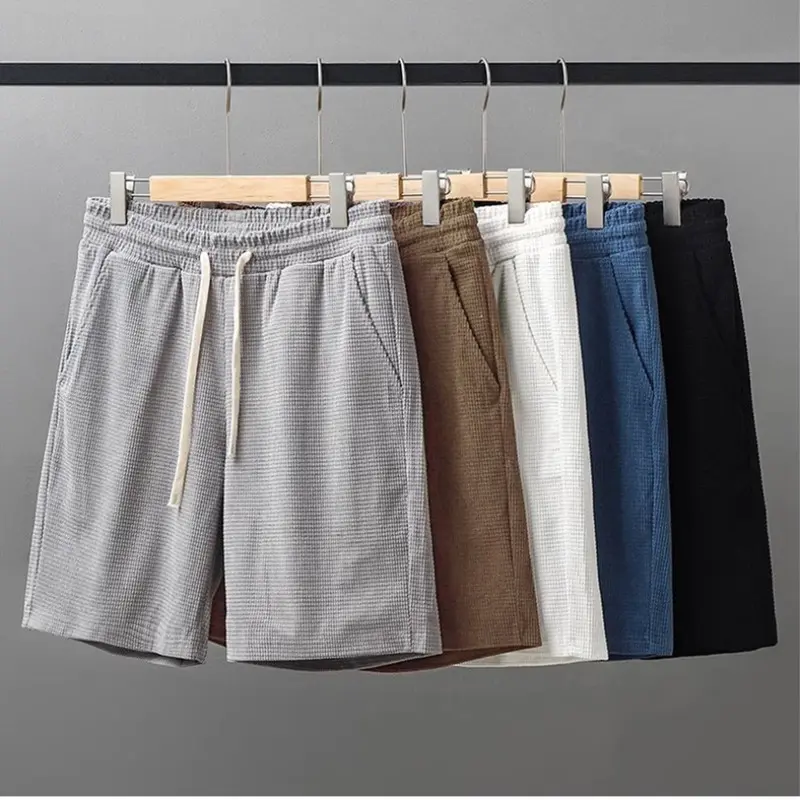 Men Shorts Solid Color Mid Waist Summer Motion Waffle Texture Deep Crotch Drawstring Male Shorts Loose Knee Length Casual Short