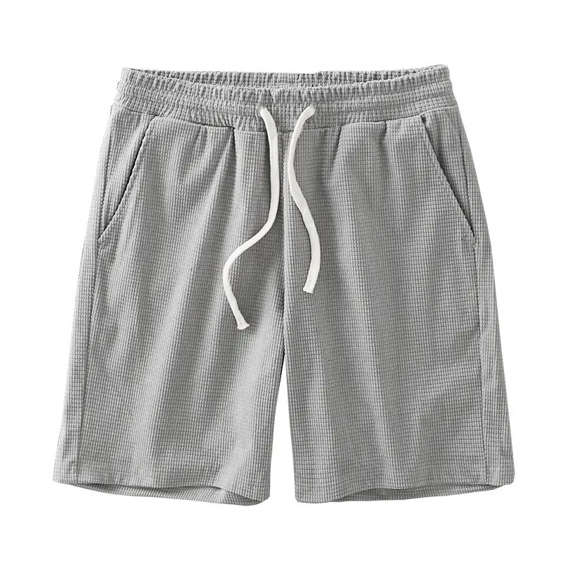 Men Shorts Solid Color Mid Waist Summer Motion Waffle Texture Deep Crotch Drawstring Male Shorts Loose Knee Length Casual Short