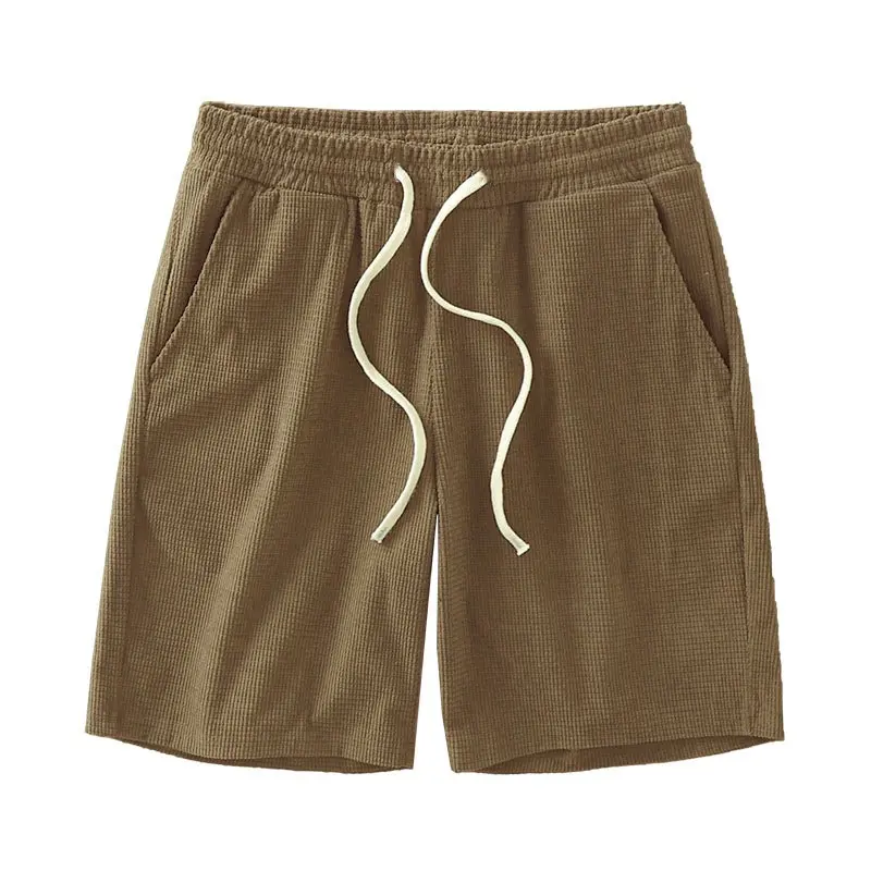Men Shorts Solid Color Mid Waist Summer Motion Waffle Texture Deep Crotch Drawstring Male Shorts Loose Knee Length Casual Short