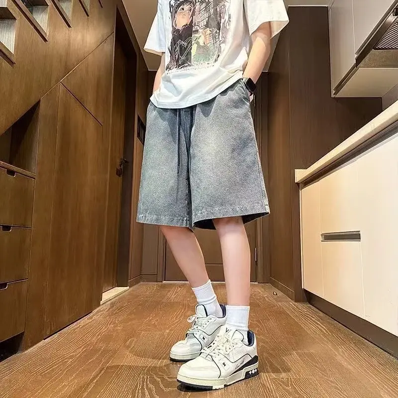 2025 new Fashion Streetwear Men's Denim Shorts Summer Loose Vintage Harajuku Splicing Hip-hop Cargo Moto Short Jeans Black Blue