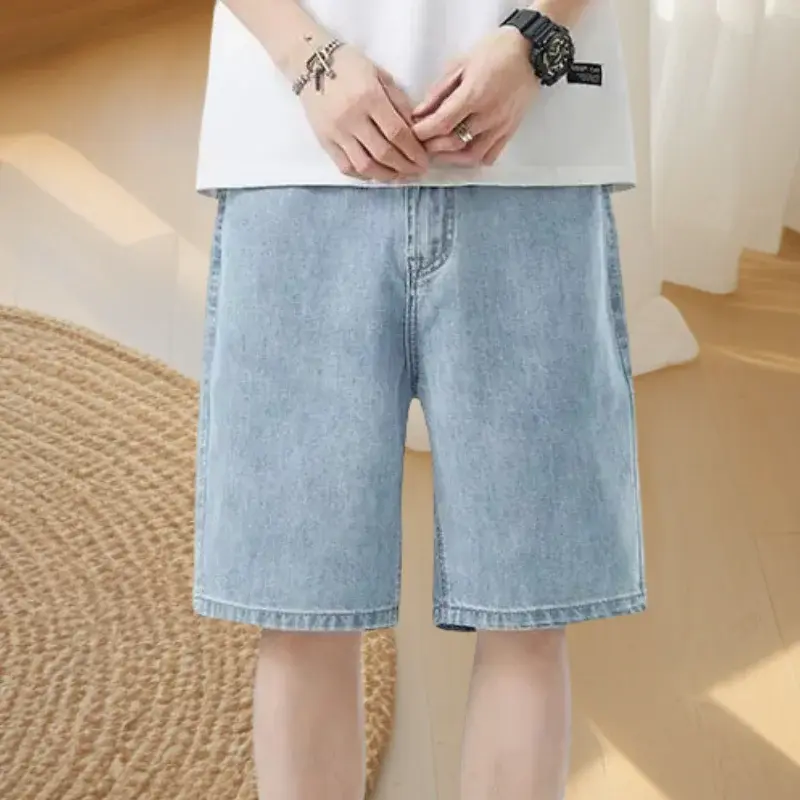 2025 new Fashion Streetwear Men's Denim Shorts Summer Loose Vintage Harajuku Splicing Hip-hop Cargo Moto Short Jeans Black Blue