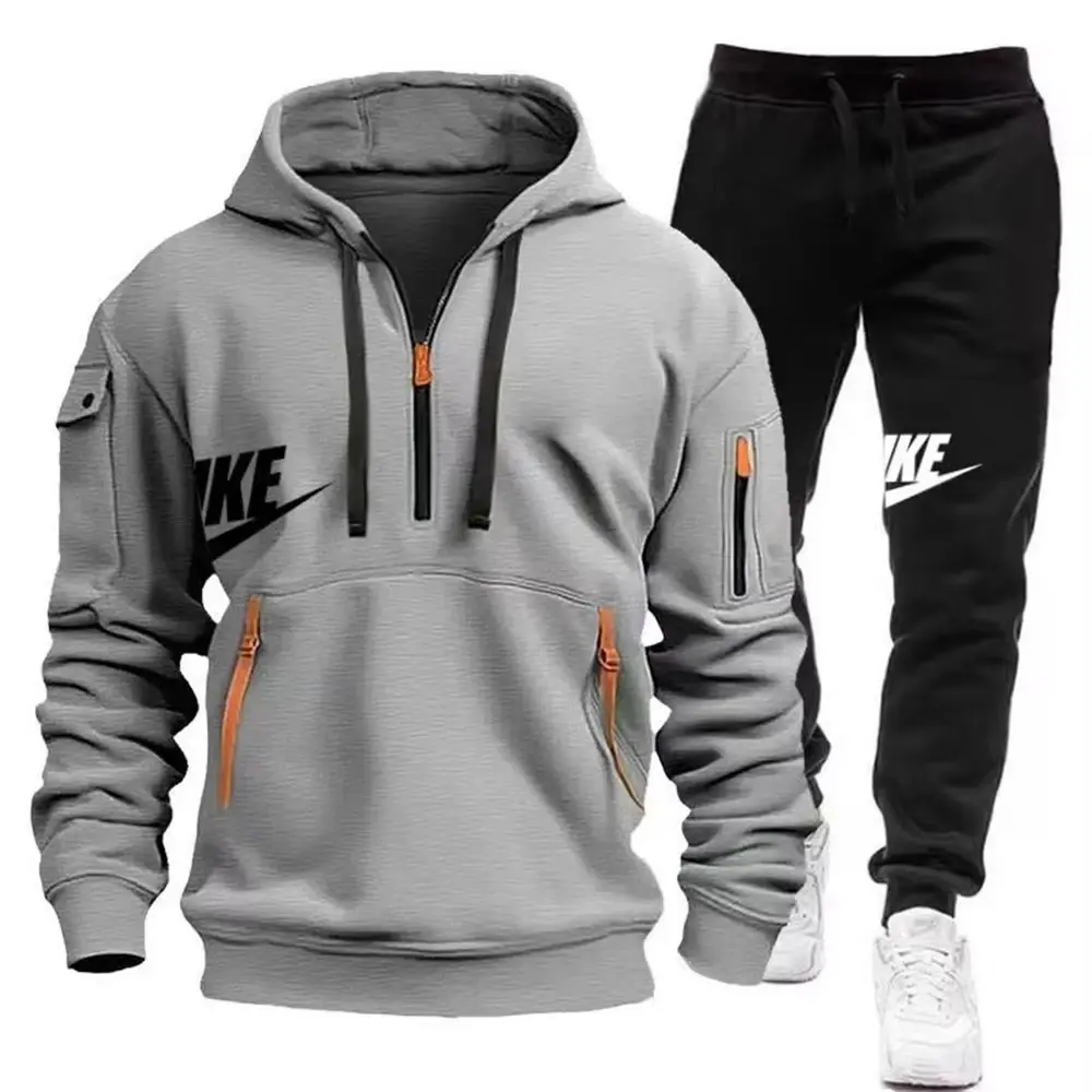 2025 New men's autumn and winter set: Multi-pocket hoodie + sport long pants set, casual men's wear, sportswear and warm set