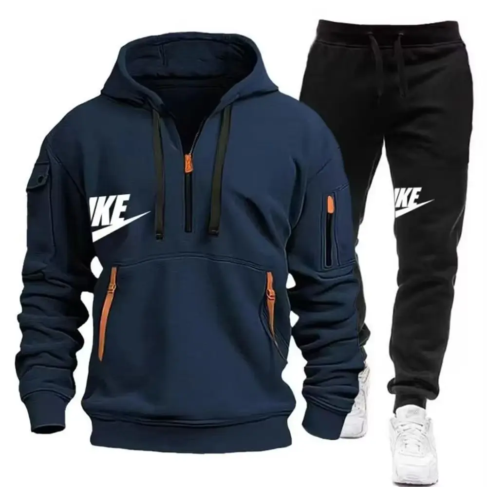 2025 New men's autumn and winter set: Multi-pocket hoodie + sport long pants set, casual men's wear, sportswear and warm set