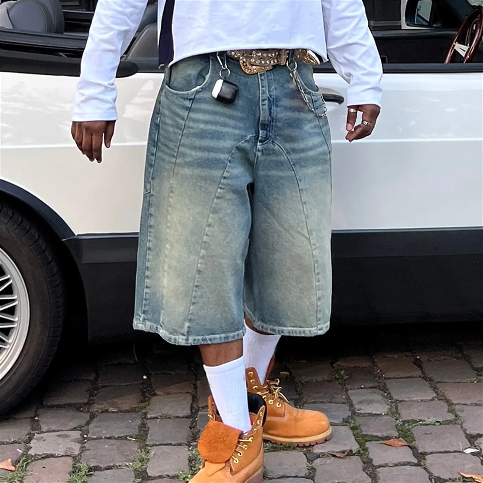 Men Washed Denim Shorts Casual Solid Color Retro Jeans Shorts Summer Knee Length Loose Shorts Vintage Streetwear
