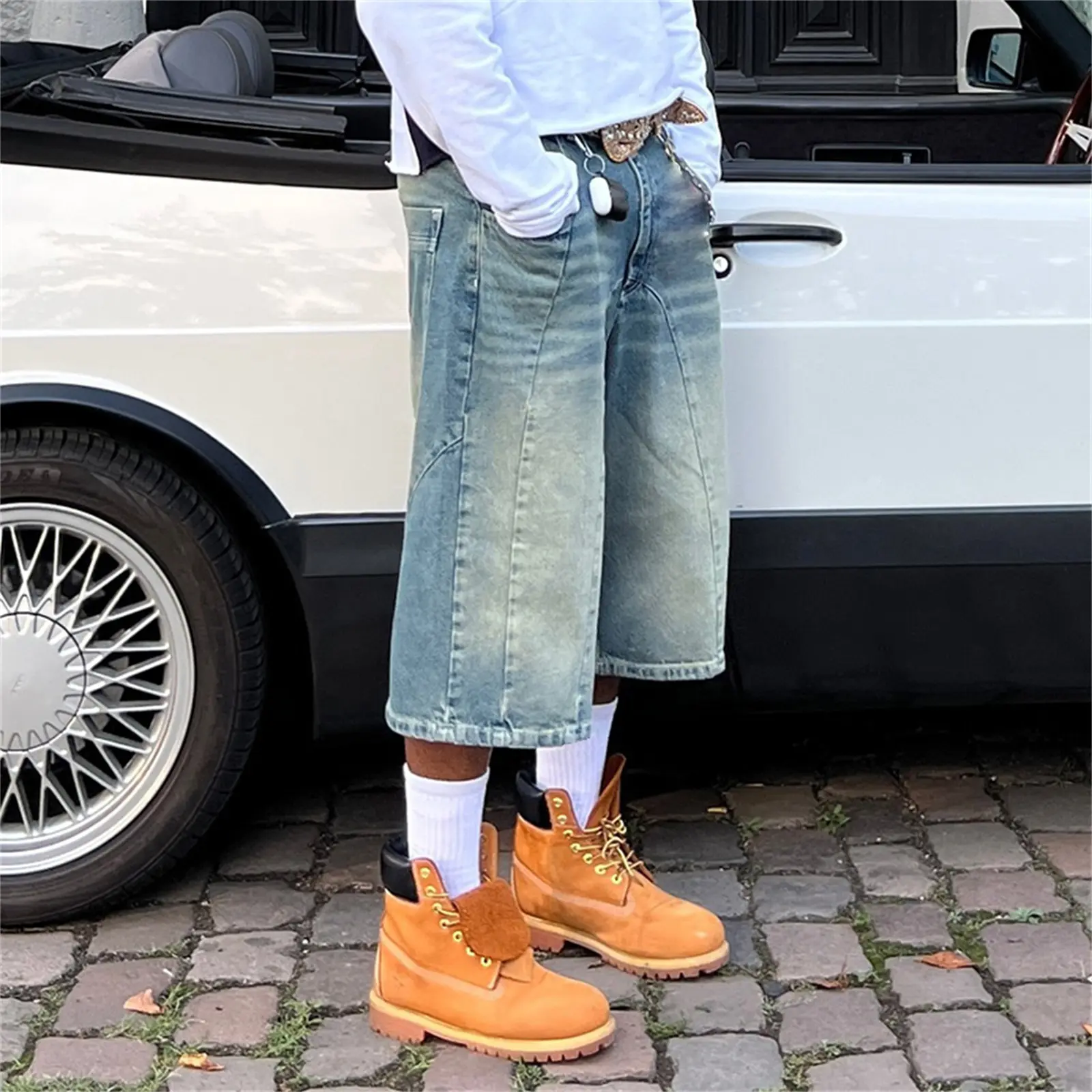 Men Washed Denim Shorts Casual Solid Color Retro Jeans Shorts Summer Knee Length Loose Shorts Vintage Streetwear
