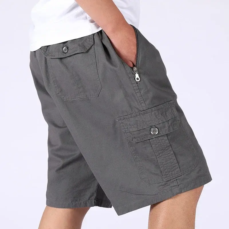 New Men's Zipper Pocket Cotton Cargo Shorts Summer Streetwear Casual Cotton Workwear Shorts Breathable Fitness Knee Length Pants
