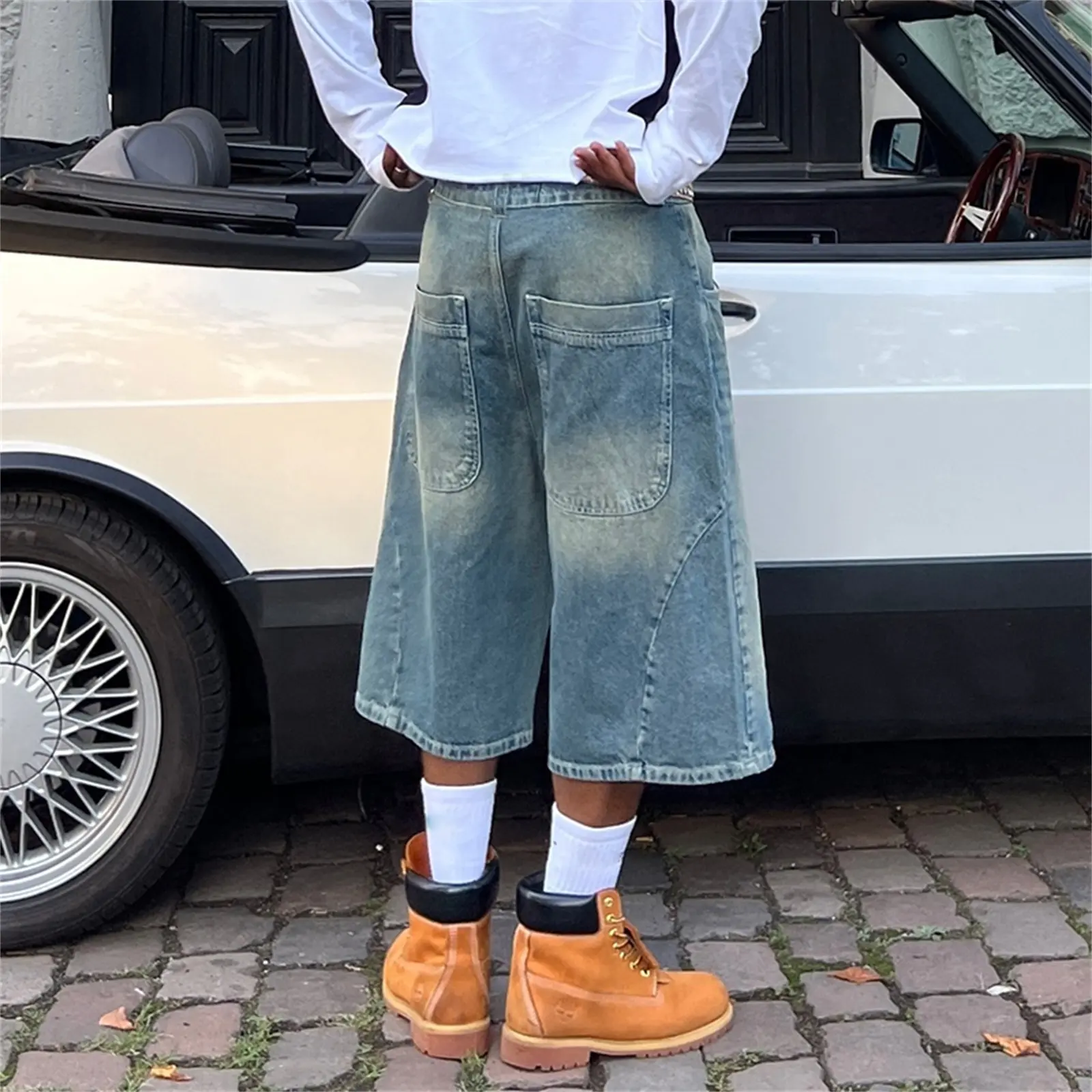 Men Washed Denim Shorts Casual Solid Color Retro Jeans Shorts Summer Knee Length Loose Shorts Vintage Streetwear