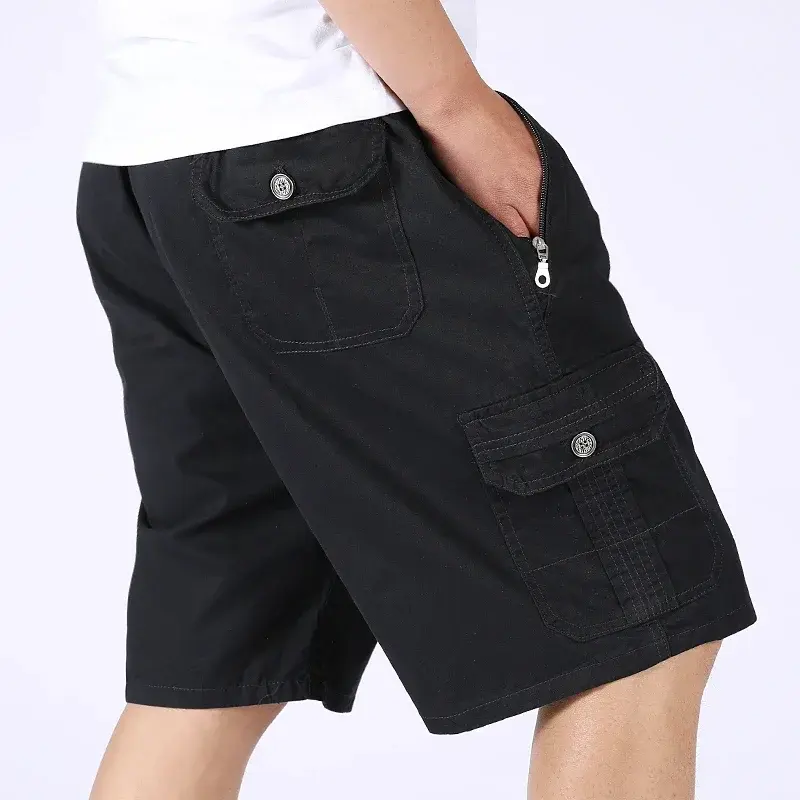 New Men's Zipper Pocket Cotton Cargo Shorts Summer Streetwear Casual Cotton Workwear Shorts Breathable Fitness Knee Length Pants