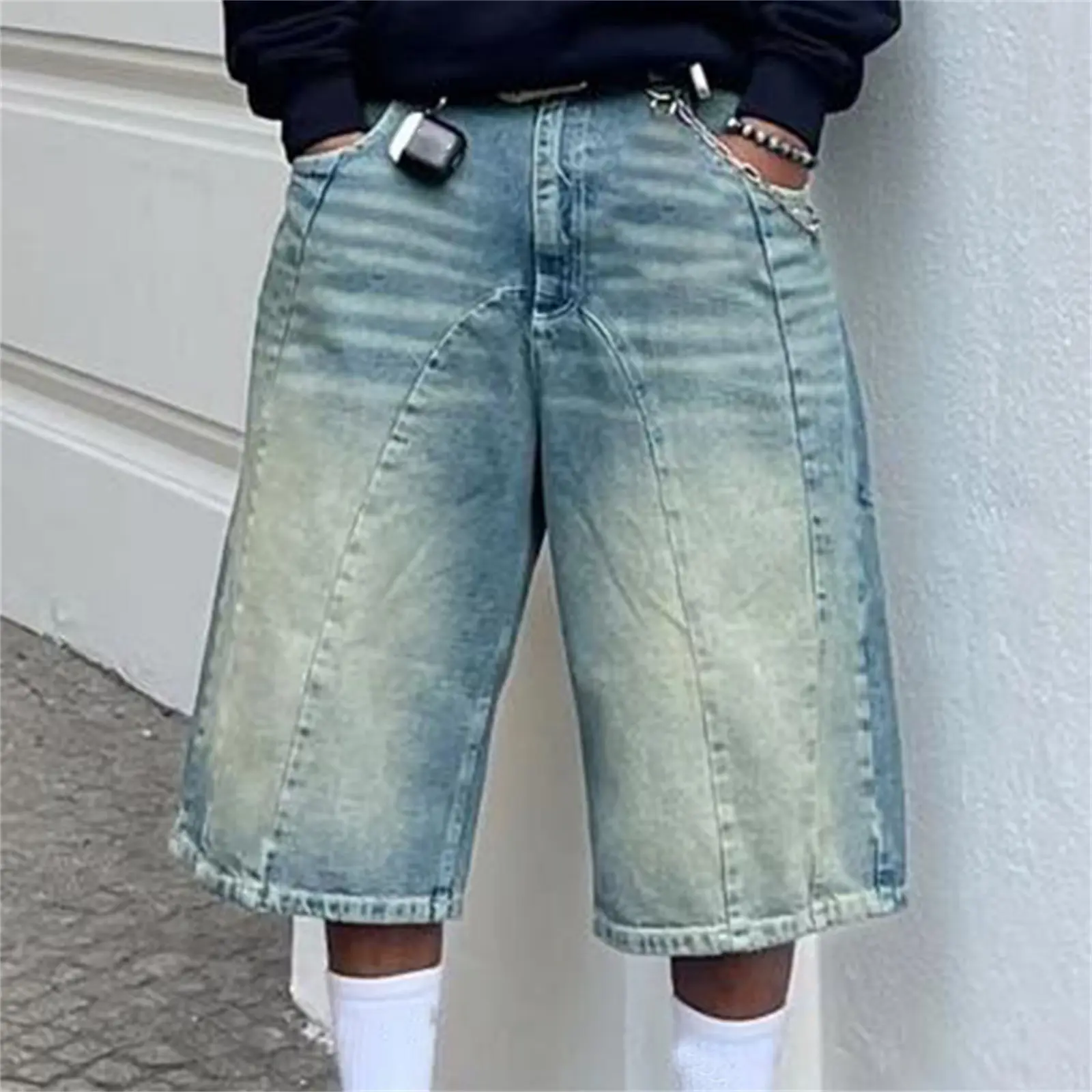 Men Washed Denim Shorts Casual Solid Color Retro Jeans Shorts Summer Knee Length Loose Shorts Vintage Streetwear