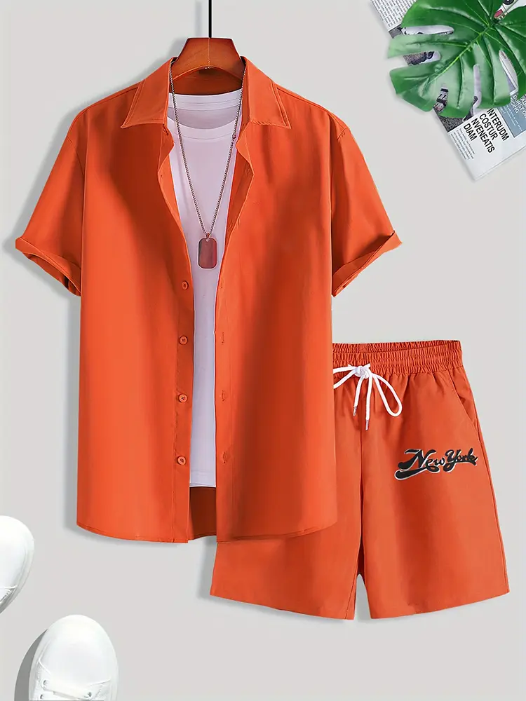 Simple Solid Color Men's Hawaiian Shirt Summer Trend Short Sleeve Shorts 2 Piece Daily Casual Shorts Top Suit Fashion Oversized