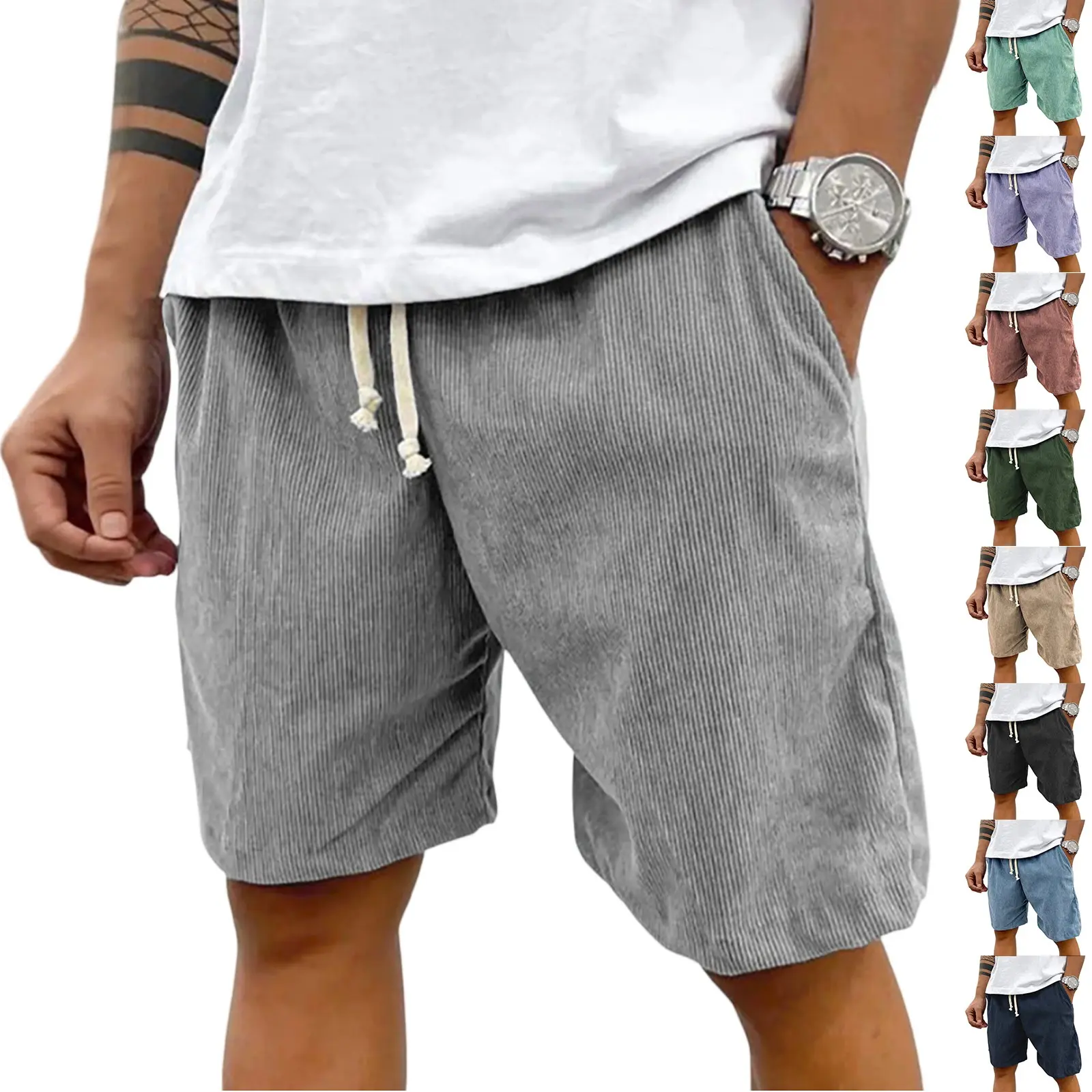 2025 Men's Corduroy Casual Shorts - Summer Style Casual Shorts, Elastic Waist, Fitness & Work Shorts, Solid Color Shorts S-4XL