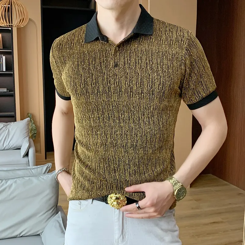 Metal Wire Blends Elastic Polo Shirts For Men Short Sleeve Silky Summer Cool Quality Soft Comfortable Slim Fit Camisas De Hombre