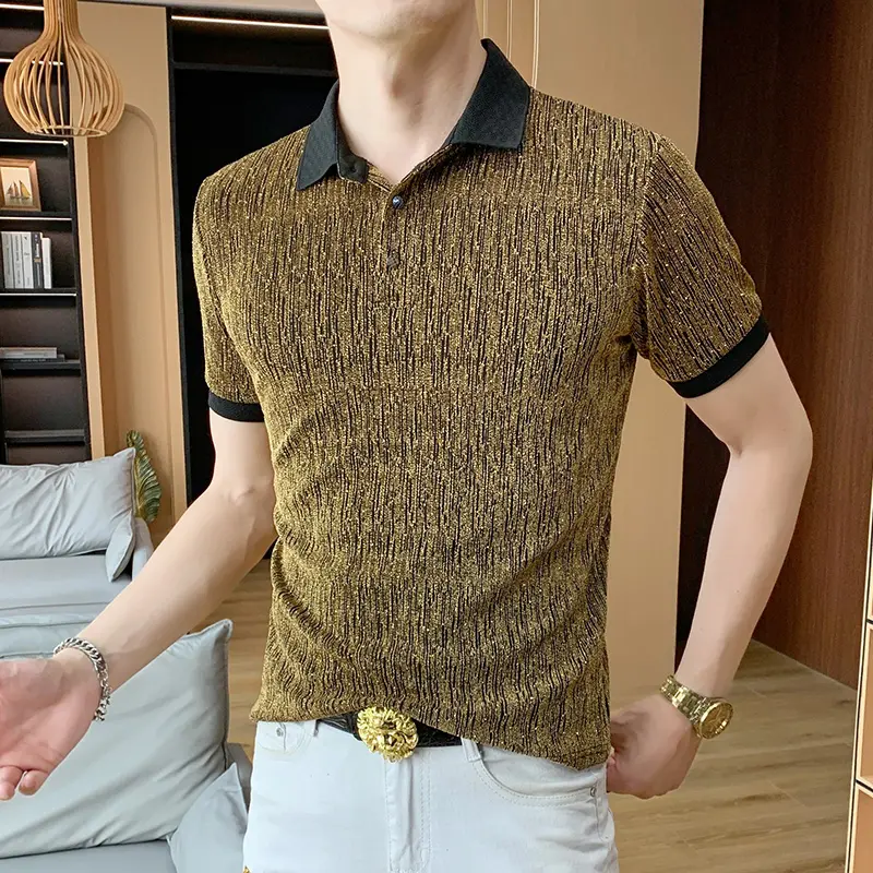 Metal Wire Blends Elastic Polo Shirts For Men Short Sleeve Silky Summer Cool Quality Soft Comfortable Slim Fit Camisas De Hombre