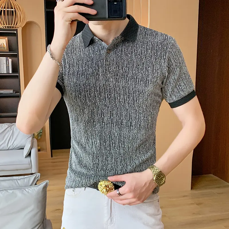 Metal Wire Blends Elastic Polo Shirts For Men Short Sleeve Silky Summer Cool Quality Soft Comfortable Slim Fit Camisas De Hombre