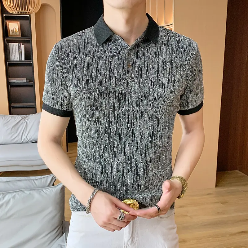 Metal Wire Blends Elastic Polo Shirts For Men Short Sleeve Silky Summer Cool Quality Soft Comfortable Slim Fit Camisas De Hombre