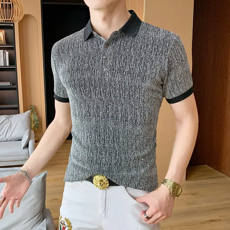 Metal Wire Blends Elastic Polo Shirts For Men Short Sleeve Silky Summer Cool Quality Soft Comfortable Slim Fit Camisas De Hombre