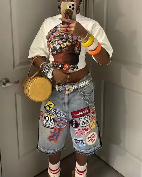 American Retro Denim Shorts Y2K Jeans Harajuku Hip Hop Cartoon Embroidery Retro Baggy Shorts Low Waist Sports Basketball Shorts