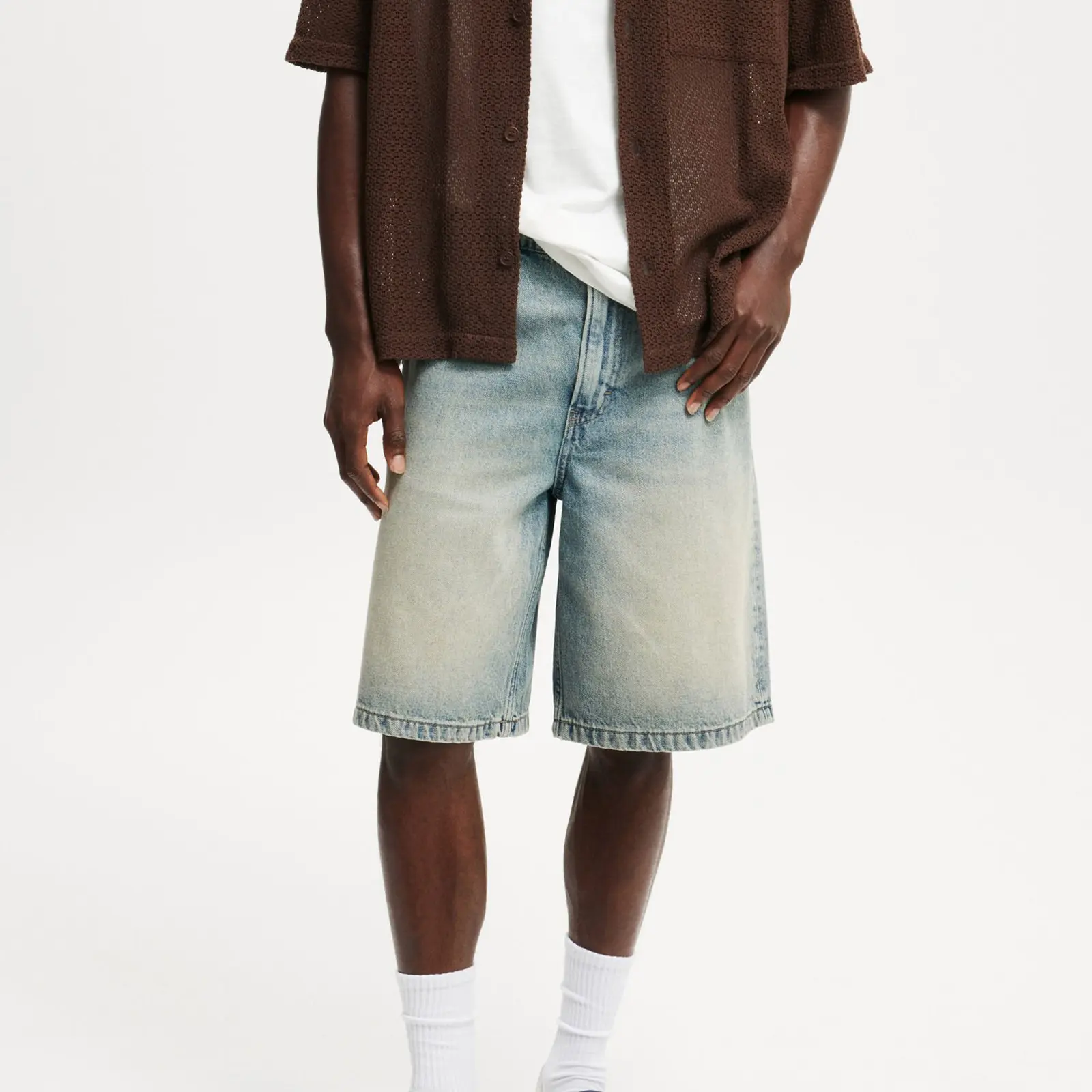 Casual Men's Knee Length Denim Shorts Fashion High Waist Loose Fit Baggy Jean Shorts for Summer Daily Streetwear