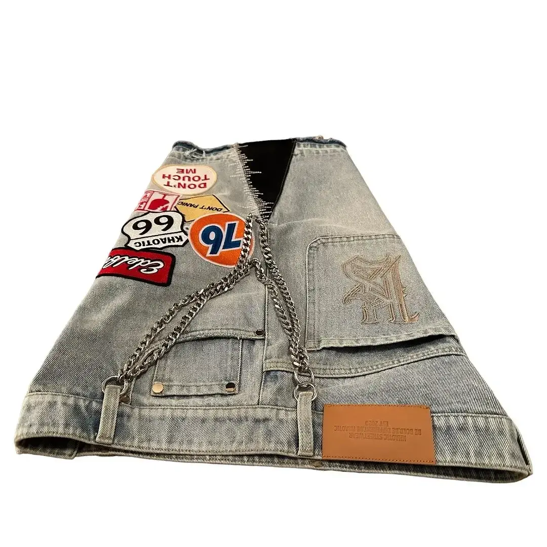 American Retro Denim Shorts Y2K Jeans Harajuku Hip Hop Cartoon Embroidery Retro Baggy Shorts Low Waist Sports Basketball Shorts