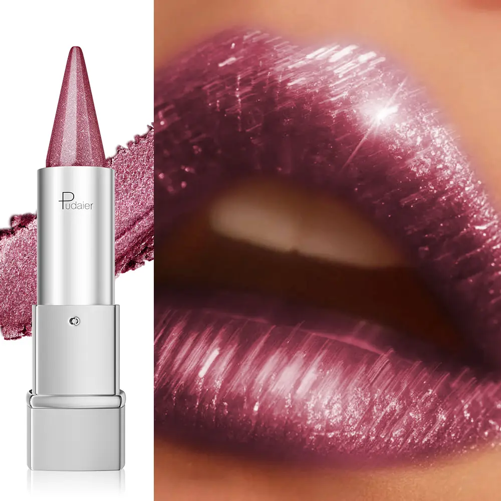 Alluring Purple Pearl Lipstick, waterproof and long-lasting with a metallic texture, featuring a shimmering effect on the lips.