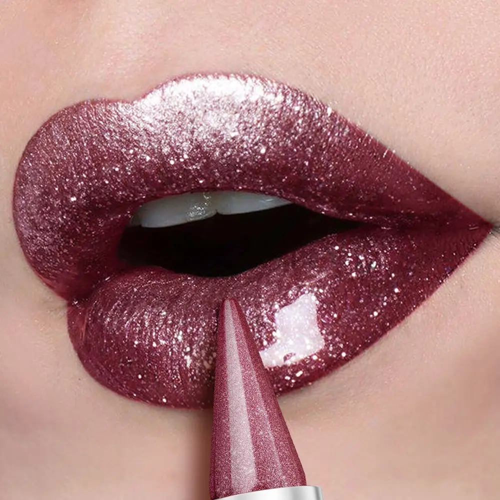 Alluring Purple Pearl Lipstick, waterproof and long-lasting with a metallic texture, featuring a shimmering effect on the lips.