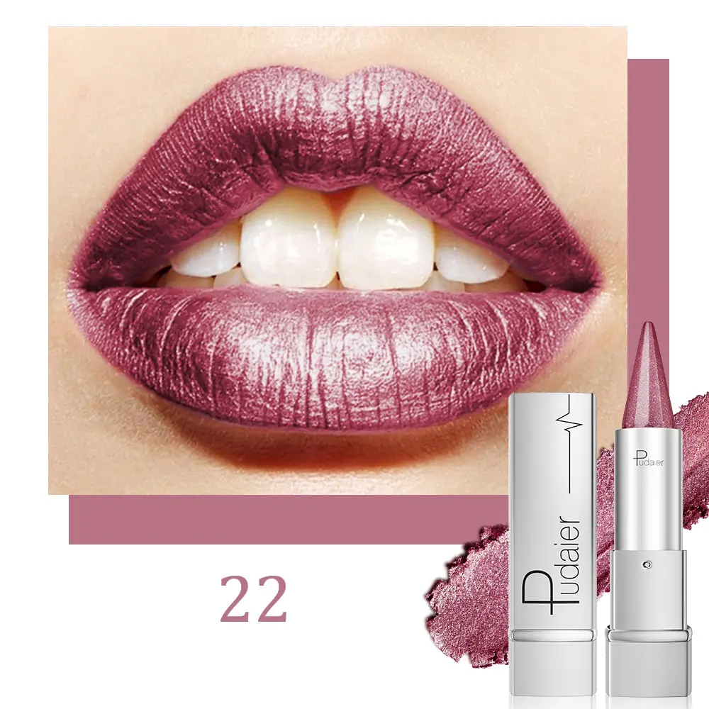 Alluring Purple Pearl Lipstick, waterproof and long-lasting with a metallic texture, featuring a shimmering effect on the lips.
