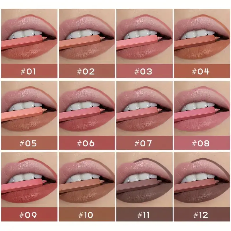 12 Colors Lip Liner Pen Set Long-Lasting, Waterproof Sweatproof, Easy Coloring Non-fading Color Rendering Lip Gloss Set Beauty M