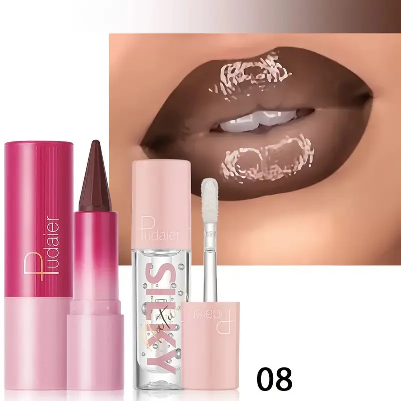 2Pcs long-lasting waterproof pointed lip liner + liquid lipstick, suitable for daily makeup at carnival music festival
