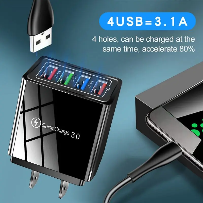 Phone Charger EU US Plug 3A USB Charger Portable Wall Charger Fast Charger Multi Port 4 USB Quick Charge 3.0 Phone Adapter